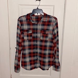 Faded red white and blue long sleeve flannel